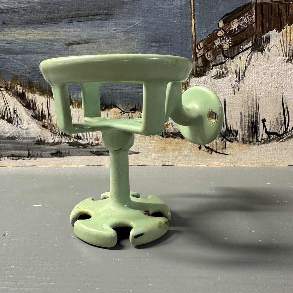 Antique 1900s Cast Iron Jade Green Porcelain Enamel Cup Toothbrush Holder